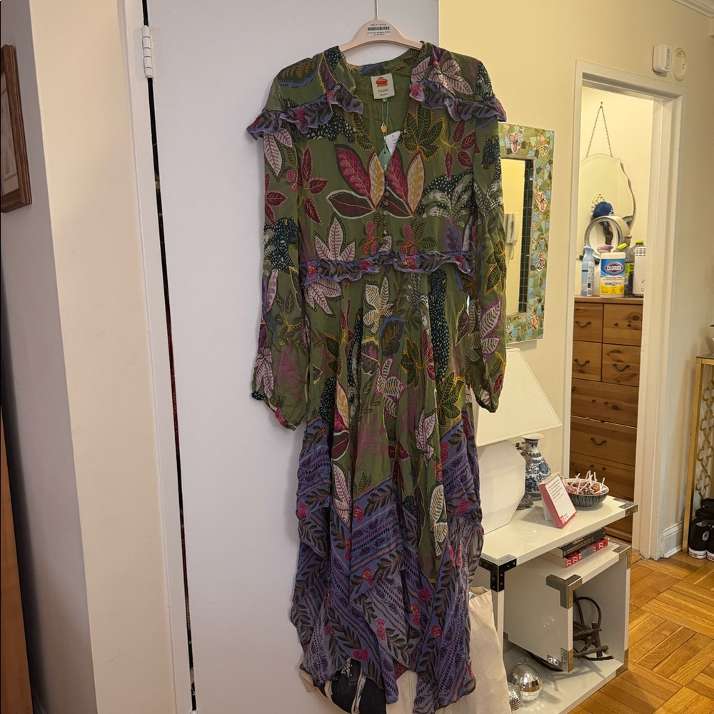 FARM Rio Olive Green Floral Midi Dress with Lavender Hem - Picture 3 of 12